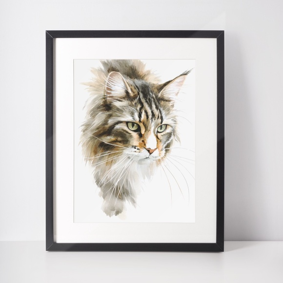 Watercolor Maine Coon Cat Illustration Wall Art Print Unframed - Picture 4 of 7